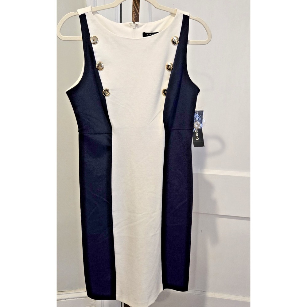 NWT Sharagano Navy & Ivory Gold Button Accents Women's Dress Back Zip Size 6‎